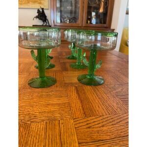 Handblown Mexican Margarita Glasses Green Cactus Stem Recycled Bubble Glass (6)